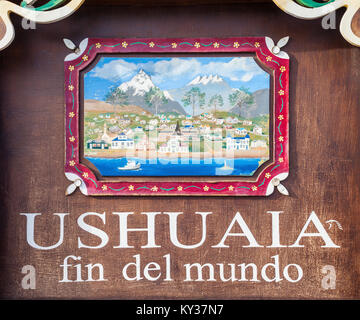 USHUAIA, ARGENTINE - 15 avril 2016 : Ushuaia Fin del Mundo (fin du monde). Ushuaia est la capitale de la province de Terre de Feu en Argentine. Banque D'Images