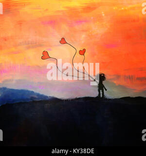 Silhouette d'enfant et balons en forme de coeur, contes de la peinture abstraite, technique mixte- éléments de cette image sont meublées par la NASA Banque D'Images