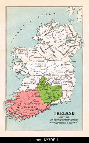 Site de l'Irlande, vers 1570 montrant l'influence de l'Desmond (en rouge) et les familles d'Ormond (en vert) sur 1570 Banque D'Images