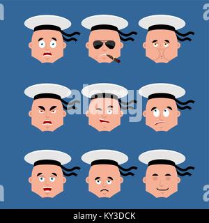 Ensemble Marin avatar emoji. triste et en colère face. coupable et dormir. Soldat russe seafarer Smoking cigar émotion face. Militaire marin malade en Russie. Illustration de Vecteur