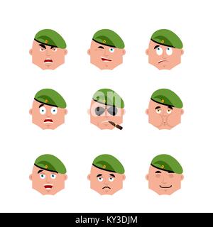 Soldat russe set avatar emoji. triste et en colère face. coupable et dormir. Les troupes aéroportées Smoking cigar émotion face. malades militaires parachutistes en Ru Illustration de Vecteur