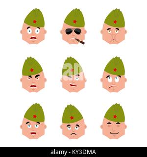 Jeu de soldat soviétique avatar emoji. triste et en colère face. coupable et dormir. Guerrier russe rétro Smoking cigar émotion. face militaire malade en Russie. Je Illustration de Vecteur