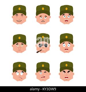 Soldat russe set avatar emoji. triste et en colère face. coupable et dormir. Warrior Smoking cigar émotion. face militaire malade en Russie. Illustration f Illustration de Vecteur