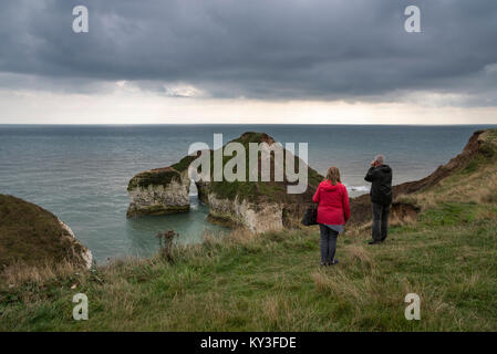 D'âge mûr l'observation des oiseaux à hautes cheminées, Flamborough Head, North Yorkshire, Angleterre. Banque D'Images