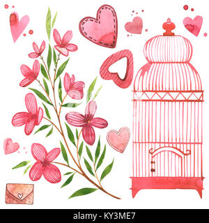 Cage à oiseaux avec des fleurs. Ensemble d'éléments rose aquarelle pour la Saint-Valentin. Éléments de conception d'album. Typographie poster, carte, étiquette, design de bannières. Banque D'Images