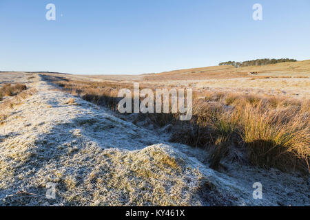 Mur d'Hadrien : la vue le long de la rive sud de l'écart de traite près de Vallum et Crag Lough, à l'ouest sur une claire, l'hiver glacial matin. Banque D'Images