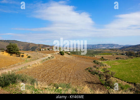 L'oléiculture dans le pittoresque paysage agricole avec une villa blanche montagnes boisées et des champs labourés, sous un ciel bleu nuageux dans le sud de l'andalousie spa Banque D'Images