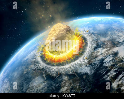 Gros astéroïde s'écrase sur la surface d'une Planète Terre-like. Illustration numérique. Banque D'Images