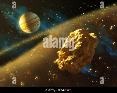 Ceinture d'astéroïdes dans l'espace, avec Jupiter sur l'arrière-plan. Illustration numérique. Banque D'Images