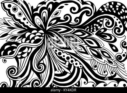 Bstract feuilles dessinées à la main motif doodle en noir et blanc vectoriel. Illustration de Vecteur