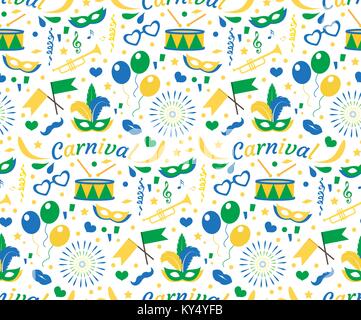 Carnaval brésilien modèle transparent avec masque des plumes, des confettis, des ballons. Le Brésil, la texture de fond sans fin, papier peint. Toile de Festival bleu, vert, jaune. Vector illustration. Illustration de Vecteur