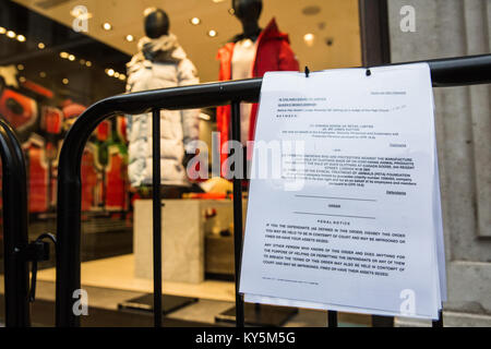 Londres, Royaume-Uni. 13 Jan, 2018. Une ordonnance du tribunal concernant les protestations des défenseurs des droits de l'animal à l'extérieur du Canada Goose's flagship store de Regent Street. Credit : Mark Kerrison/Alamy Live News Banque D'Images