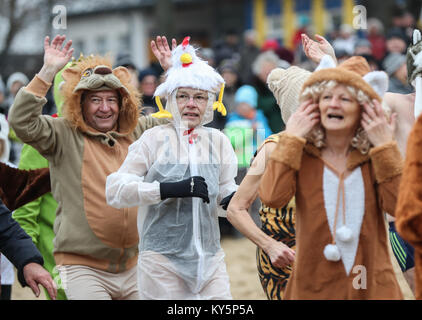 Berlin, Allemagne. 13 Jan, 2018. Les participants suivent la natation hivernale Carnival au lac Oranke, le nord-est de Berlin, Allemagne, le 13 janvier 2018. Les adeptes de la piscine d'hiver environ 100 et plus de 1 000 visiteurs ont été attirés par la natation hivernale Carnival ici le samedi. Credit : Shan Yuqi/Xinhua/Alamy Live News Banque D'Images