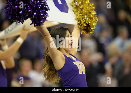 Seattle, WA, USA. 13 Jan, 2018. Le groupe de Washington Cheer effectuer pendant un temps d'arrêt dans un CIP12 jeu de basket-ball entre les Huskies de Washington et Stanford Cardinal. Le jeu a été joué à Hec Ed Pavilion à Seattle, WA. Jeff Halstead/CSM/Alamy Live News Banque D'Images