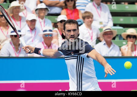 Melbourne, Australie - 10 janvier 2018 : tennis player Marin Cilic la préparation pour l'Open d'Australie au Tournoi exhibition Kooyong Classic Banque D'Images