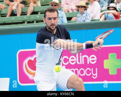 Melbourne, Australie - 10 janvier 2018 : tennis player Marin Cilic la préparation pour l'Open d'Australie au Tournoi exhibition Kooyong Classic Banque D'Images