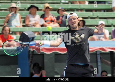 Melbourne, Australie - le 11 janvier 2018 : tennis player Lucas Pouille la préparation pour l'Open d'Australie au Tournoi exhibition Kooyong Classic Banque D'Images