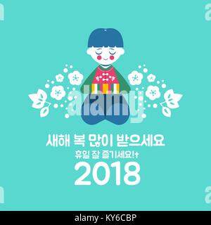 Cute boy s'inclinant pour Nouvel An coréen 2018 carte de vœux. Chevreau dans hanbok traditionnels colorés vêtements avec message calligraphie asiatique pour la bonne fortune et Illustration de Vecteur