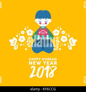 Heureux Nouvel An coréen 2018 carte de vœux, cute boy pour le bonheur et la bonne fortune. Kid en robe hanbok traditionnels colorés avec du texte cite, fl Illustration de Vecteur