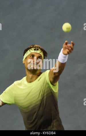 Auckland, Nouvelle-Zélande. 12Th Jan, 2018. David Ferrer d'Espagne sert dans sa demi-finale contre Juan Martin Del Potro de l'Argentine au cours de l'ATP Tournoi Hommes à Auckland, en Nouvelle-Zélande le Jan 12, 2018. Credit : Shirley Kwok/Pacific Press/Alamy Live News Banque D'Images