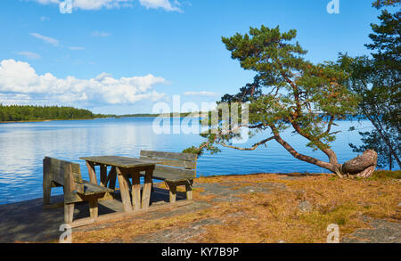 Table de pique-nique dans la réserve naturelle de Ostra Lagno sur la côte de l'Ljustero, comté de Stockholm, Suède, Scandinavie. Banque D'Images