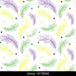 Modèle sans couture Mardi Gras avec des plumes violet, jaune, vert. Mardi Gras texture répétitives. L'arrière-plan sans fin de carnaval. Vector illustration. Illustration de Vecteur
