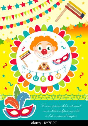 Affiche carnaval de Pourim, invitation, flyer. Les modèles pour votre conception avec masque, hamantaschen, clown, ballons, Grager cliquet. Festival, Fête juive de fond. Vector illustration. Illustration de Vecteur