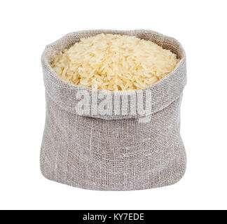 Le riz étuvé en sac de toile isolated on white Banque D'Images