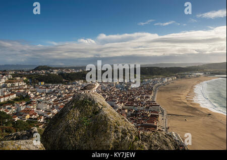 Vue sur la pêche traditionnelle ville de Nazare du hill top ville de O Sitio, Portugal. Banque D'Images