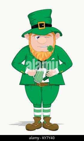 Hand drawn vector illustration d'un drôle de lutin souriant habillé en vert avec orange beard et boire de la bière Illustration de Vecteur