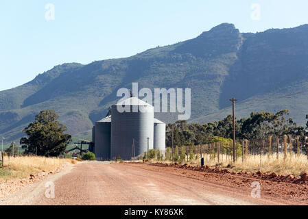 Dans l'Ouest Riebeek région Orothamnus zeyheri de Afrique du Sud. Décembre 2017. Les silos à grains sur les terres agricoles près de la ville Banque D'Images