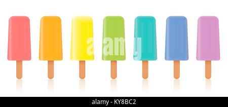 Lollys de glace de couleur arc-en-ciel - collection fruitée ensemble de sept popsicles congelés - illustration sur fond blanc. Banque D'Images