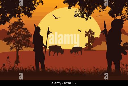 Native American Indian silhouettes sur beau coucher du soleil orange, vector illustration Illustration de Vecteur