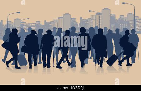 Immense foule de gens silhouette dans la ville paysage, vector illustration Illustration de Vecteur