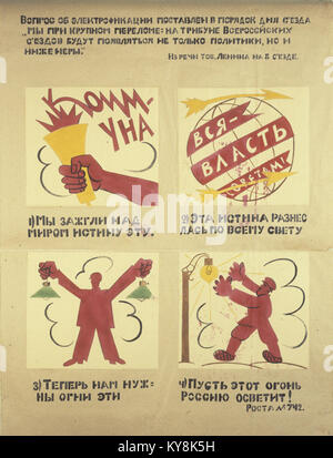 Affiche intitulée 'Rosta Windows' par Vladimir Mayakovsky, illustrant les thèmes de l'électrification en Russie. Partie des archives RIAN, elle représente l'art de la propagande soviétique et la messagerie publique. Banque D'Images