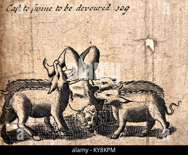 Illustration d'une édition 1583 de Foxe's Book of Martyrs, montrant les papistes de torturer les Protestants, dans ce cas en étant chassé pour être consommés par les porcs (cochons) Banque D'Images