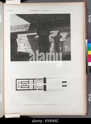 Cette image montre un plan et une vue intérieure du Grand Temple de Karnak à Thèbes, en Égypte, illustrant son architecture monumentale, ses salles à colonnes et son importance historique comme l’un des principaux complexes de temples de l’Égypte antique. Banque D'Images
