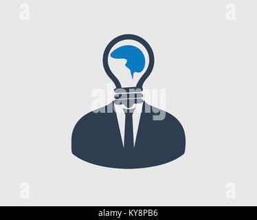 L'icône de l'homme créatif. L'ampoule et le symbole du cerveau sur sa tête. Illustration de Vecteur