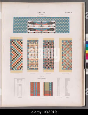 Cette image montre les décorations de plafond de la tombe 24 et les détails de la fausse porte de la tombe 15 à Saqqara, en Égypte, illustrant l'art funéraire du nouvel Empire et les caractéristiques architecturales égyptiennes anciennes. Banque D'Images