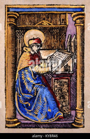 Illustration d'un scribe d'une page de titre dans un fac-similé de William Tyndale's 1525 édition du Nouveau Testament en anglais. À partir de la Collection des livres rares Reed à Dunedin, Nouvelle-Zélande. Banque D'Images