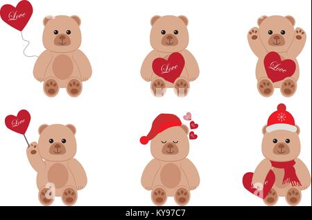 Ensemble d'ours en peluche avec coeur rouge Illustration de Vecteur
