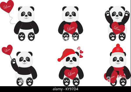 Ensemble d'ours panda avec coeur rouge Illustration de Vecteur