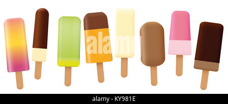 Ice lolly collection - vaguement organisés ensemble de huit fruits savoureux chocolat et les sucettes glacées avec différentes formes et saveurs. Banque D'Images