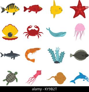 Les animaux de la mer icons set dans un style d'illustration vectorielle isolé plat Illustration de Vecteur