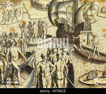 Theodor de Bry - Ataque de Portugueses e Tupiniquins às Cabanas Tupinambás Banque D'Images