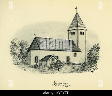 Photographie de l'église de Sörby prise en 1892, documentée par Ernst Wennerblad en 1902, montrant l'architecture de l'église et le paysage environnant en Suède. Banque D'Images