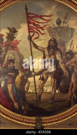 Peinture 'Viriato' de Ramón Padró y Pedret, représentant le leader lusitanien Viriato dans une scène historique, illustrant la peinture historique espagnole du XIXe ou du début du XXe siècle. Banque D'Images