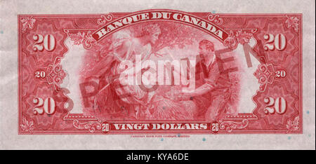 Inverse de billet de 20 $, Canada 1935 Series, version française Banque D'Images