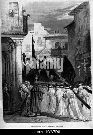 Cette image représente la procession de la semaine Sainte (Procesión de Semana Santa) à Palencia, en Espagne, capturée à la Ilustración de Madrid. La procession met en valeur les traditions religieuses espagnoles et les événements culturels pendant la période de Pâques. Banque D'Images