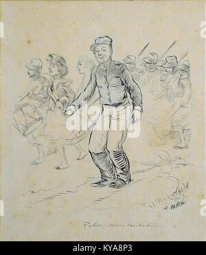 Cette œuvre de A. Willette, intitulée 'Polin dans la boîteuse', est un dessin réalisé à l'encre et au crayon bleu. La pièce, mesurant 24x27.5 cm, met en valeur le talent de l'artiste à mélanger différents médiums pour créer une pièce unique de permis Banque D'Images